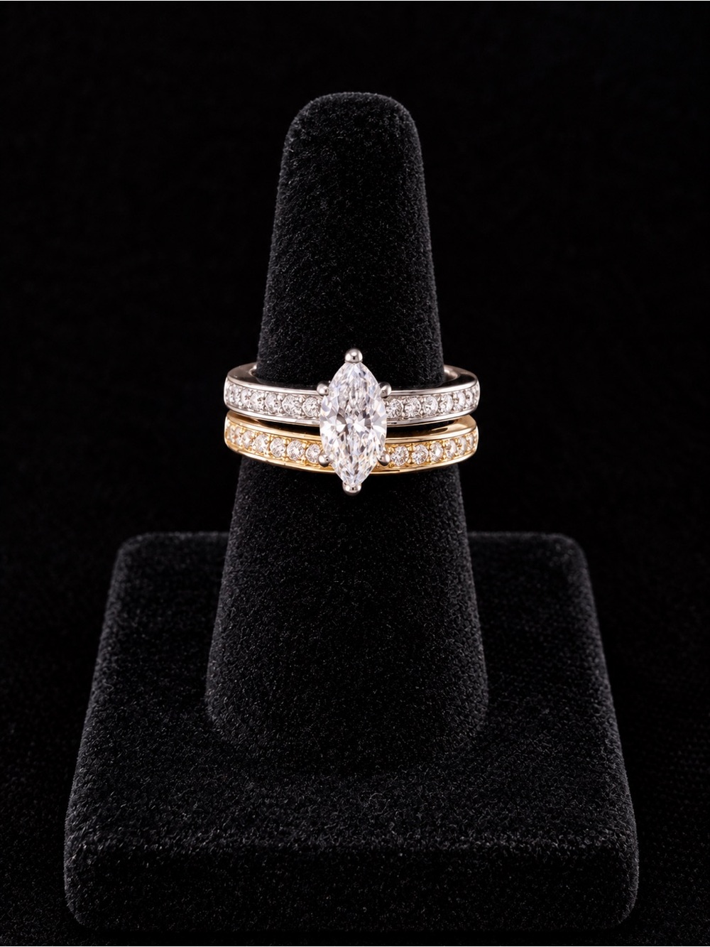 Marquise Solitaire Stackable Ring Set in White and Yellow Stainless Size 4 3/4